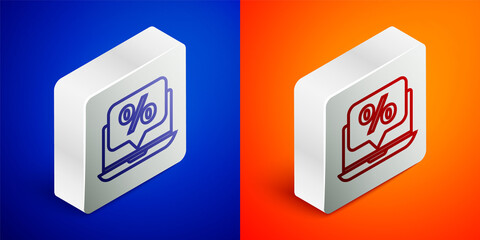 Isometric line Percent discount and laptop icon isolated on blue and orange background. Sale percentage - price label, tag. Silver square button. Vector Illustration.