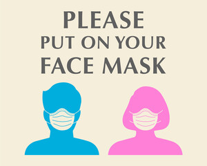 No Entry Without Face Mask or Wear a Mask Icon. A poster calling for wear a face mask. Vector image of a silhouette of a man with a mask and without.