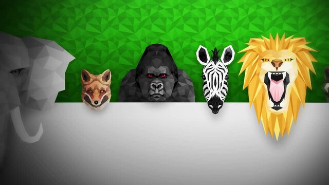 Collection of different animals. Zoo symbol. Low polygon icons. Lion, Gorilla, Zebra, Raccoon, Fox, Elephant, Deer, Owl. Geometric loop animation set.