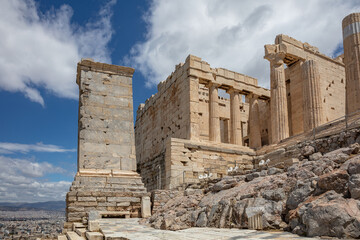 Athens, Greece. Propylaea in the Acropolis, monumental gate, blue sky, spring sunny day.