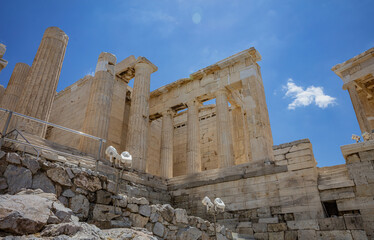 Athens, Greece. Propylaea in the Acropolis, monumental gate, blue sky, spring sunny day.