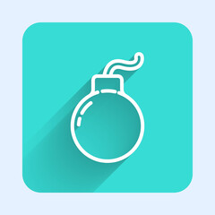 White line Bomb ready to explode icon isolated with long shadow. Green square button. Vector Illustration.