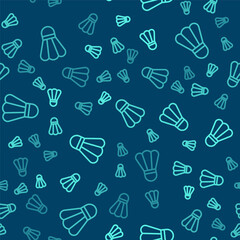 Green line Badminton shuttlecock icon isolated seamless pattern on blue background. Sport equipment. Vector Illustration.