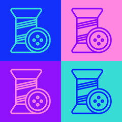 Pop art line Sewing thread on spool and button icon isolated on color background. Yarn spool. Thread bobbin. Vector Illustration.