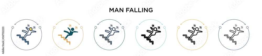 Poster man falling icon in filled, thin line, outline and stroke style. vector illustration of two colored 