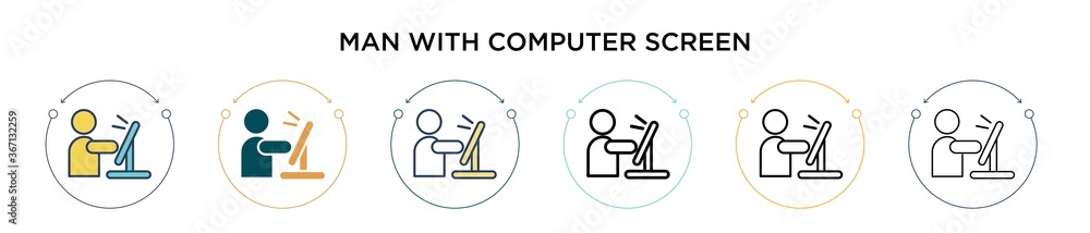 Poster man with computer screen icon in filled, thin line, outline and stroke style. vector illustration of