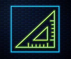 Glowing neon line Triangular ruler icon isolated on brick wall background. Straightedge symbol. Geometric symbol. Vector Illustration.