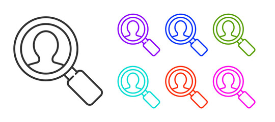 Black line Magnifying glass for search a people icon isolated on white background. Recruitment or selection. Search for employees and job. Set icons colorful. Vector Illustration.