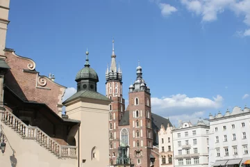 Foto auf Glas Marktplatz in Krakau. Tuchhallen. Marienkirche. Krakow. Cracow. © Inka