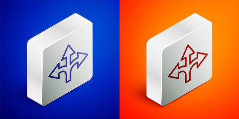 Isometric line Road traffic sign. Signpost icon isolated on blue and orange background. Pointer symbol. Isolated street information sign. Direction sign. Silver square button. Vector Illustration.