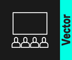White line Cinema auditorium with screen icon isolated on black background. Vector Illustration.