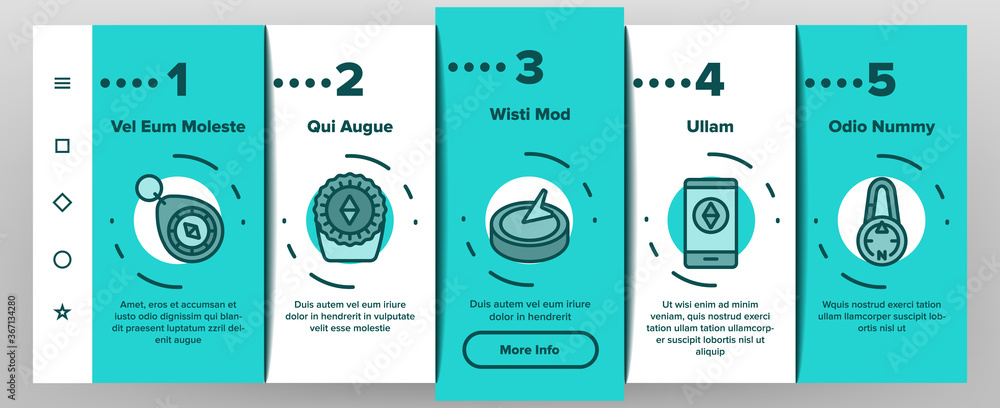 Poster compass navigational equipment onboarding mobile app page screen vector. compass tool application fo