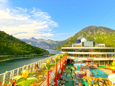 Kotor, Montenegro - May 07, 2014: The upper deck of the cruise Ship