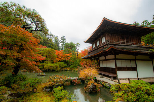 Ginkakuji (Silver Pavilion) surrounded by autumn leaf trees in Kyoto, Japan