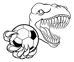 A dinosaur T Rex or raptor soccer football player cartoon animal sports mascot holding a ball in its claw