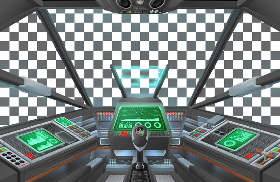 A spaceship or air plane craft cockpit with space ship controls. A possibly alien spacecraft cabin interior