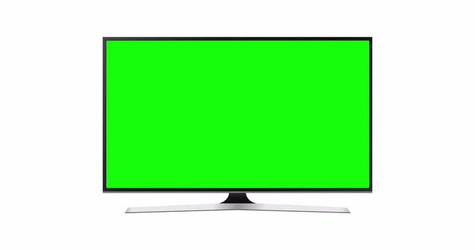 TV mockup with green screen, front view, isolated on white background. 4K animation with camera track motion