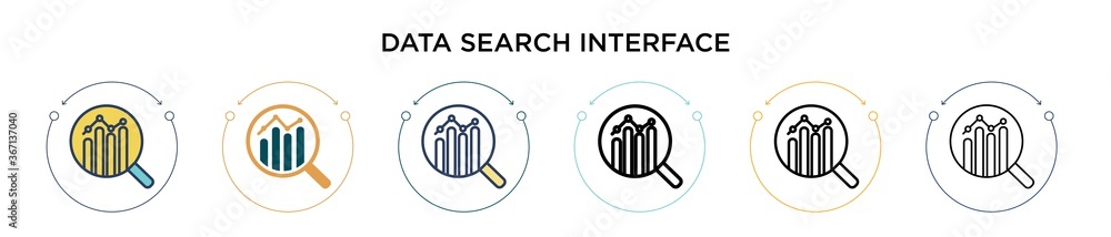 Poster data search interface symbol of a bars graphic with a magnifier tool icon in filled, thin line, outl