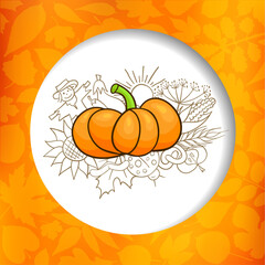 Thanksgiving card. Colorful poster with pumpkin, leaves and harvest symbols. Vector template for invitation or greeting card. Autumn banner.