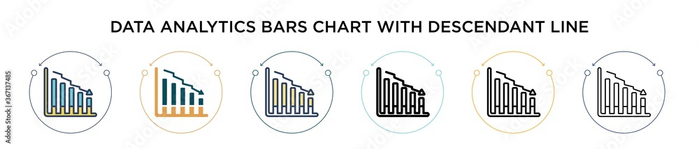 Poster data analytics bars chart with descendant line icon in filled, thin line, outline and stroke style. 