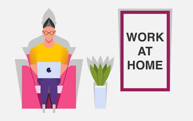freelancer man. Working at home, concept illustration. Young people, man freelancer working on laptop at home, at home in quarantine. Vector flat style illustration.