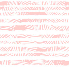 Tropical pattern, palm leaves seamless vector floral background. Exotic plant on stripes. spring nature jungle print. Leaves of palm tree on paint lines. ink brush strokes. pink girly pattern.