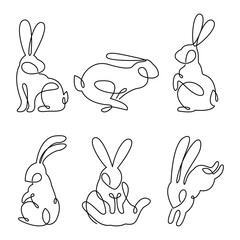 Continuous line drawing of easter rabbit set