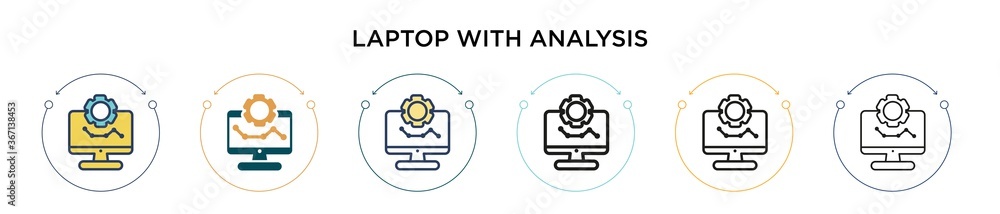 Poster laptop with analysis icon in filled, thin line, outline and stroke style. vector illustration of two