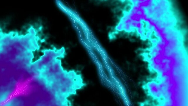 Cartoon lightning flashes against the background of turbulent distortions of blue hues in outer space.