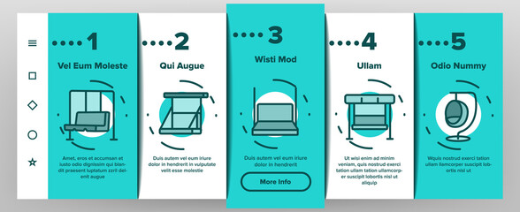 Bench Swing Furniture Onboarding Mobile App Page Screen Vector. Bench Swing In Different Style, Comfortable Rocking Chair, Relaxation Porch Seat Illustrations