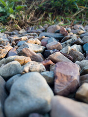 Colorful pebbles illuminated by sunlight in the evening.