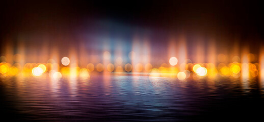 Naklejka premium Dark abstract background with bokeh. Reflection in the water of bright blurry lights. Smoke, fog.