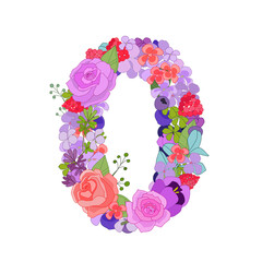 Colorful floral figure with roses 0. Beautiful number zero