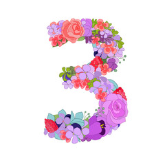 Colorful floral figure with roses 3. Beautiful number three