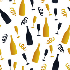 Vector seamless background with a pattern of bottles of champagne and glasses. Gold and black confetti