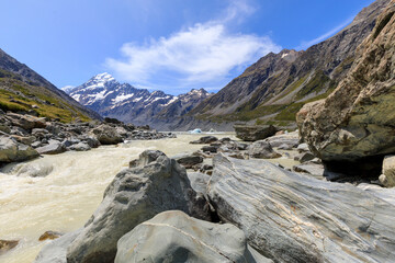 Hooker River draining out of the glacial lake, Hooker Lake with Mt Cook in the background.