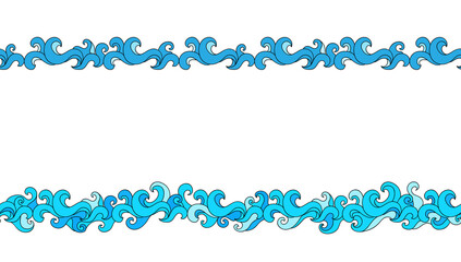 Decorative border from blue waves on white background. Seamless marine pattern. Suitable for postcard, poster, invitation.