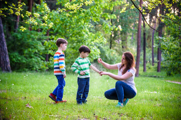 Fototapeta na wymiar Young woman mother applying insect repellent to her two son before forest hike beautiful summer day or evening. Protecting children from biting insects at summer. Active leisure with kids