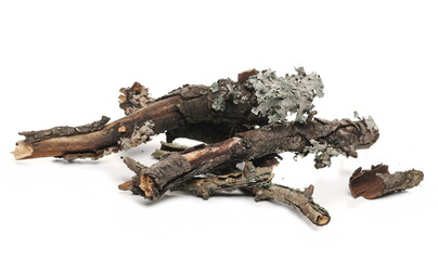 Dry rotten branches, pile for fire isolated on white background