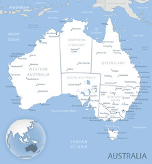 Blue-gray detailed map of Australia administrative divisions and location on the globe.
