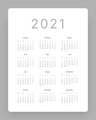 Calendar for 2021 year in clean minimal style. Week Starts on Monday.