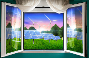 Window open to a world with clean and renewable energy. Renewable energies. Render 3D