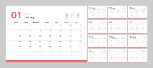 Wall calendar template for 2021 year. Planner diary in a minimalist style. Week Starts on Monday. Set of 12 Months. Ready for print.