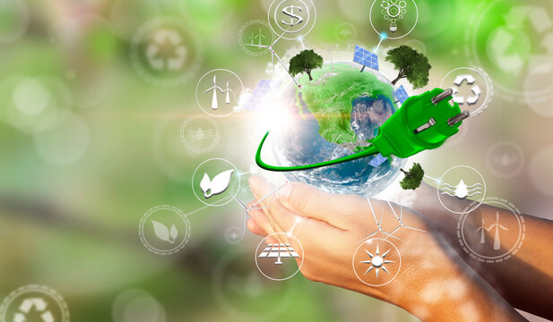 A woman's hands holding the green planet Earth. Environmental biodiversity in ecosystem concept. Concept of renewable energies. Render 3D. Some Elements Of This Image Provided By NASA