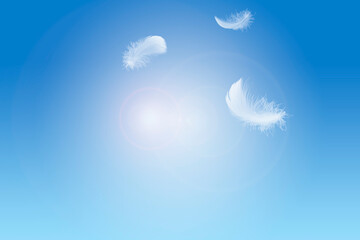 Light fluffy a white feathers floating in a blue sky. Feather abstract background. 