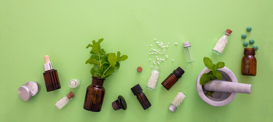 Spearmint herb and mortar and pestle on green background