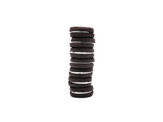 Sandwich chocolate cookies filled with a vanilla cream flavour biscuits isolated on white background.