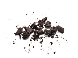 Sandwich chocolate cookies with a sweet cream with crumbs isolated on white background.
