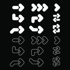 Set of white vector rounded arrows. Black background. Vector illustration. Design elements for prints, web, pattern, flowchart and info graphics