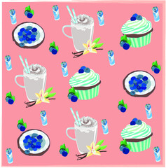 Milkshake with vanilla and coconut with blueberries on the redorange backgraund.